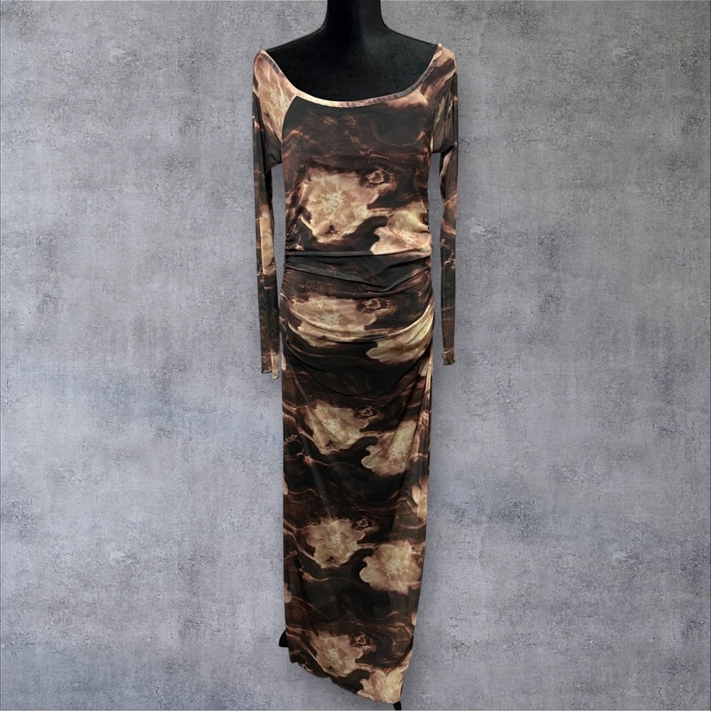 Madden Girl Maxi Dress Womens L Brown Abstract Mesh Ruched Earthy Grunge Indie